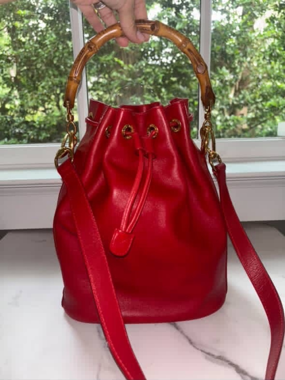 Gucci Red Leather Bamboo-Handle Drawstring Shoulder Bag